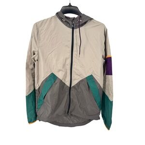 Without Walls Mens XS Colorblock Hooded Windbreaker Jacket Tan Grey Teal Purple